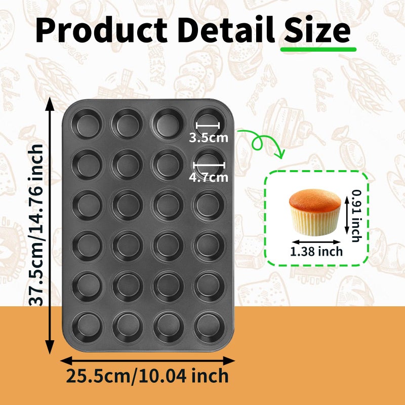 Beasea صينية مافن صغيرة غير لاصقة من Beasea 24 كوبًا، 2 عبوة 24 كوب صغير صغير غير لاصق صينية خبز مافن صينية من الفولاذ الكربوني صينية خبز كب كيك فردية - أسود - Image 2